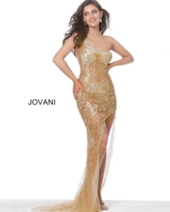 Jovani 02494 One Shoulder Sheer Beaded Gown