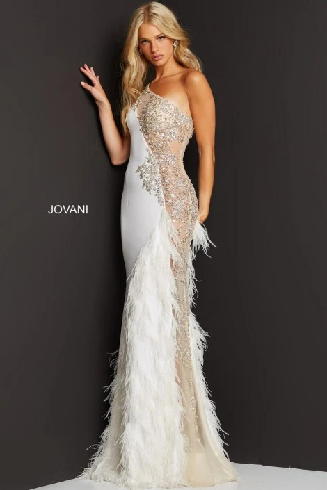 Jovani 03389 One Shoulder Sheer Beaded Feather Gown 3 Jovani 03389 One Shoulder Sheer Beaded Feather Gown