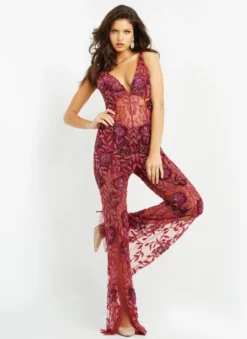 Jovani 04402 Sheer Floral Beaded Jumpsuit