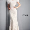 Jovani 06451 Feather Off Shoulder Lace Gown