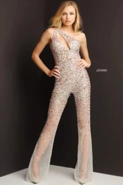 Jovani 07079 Sheer Beaded One Shoulder Jumpsuit
