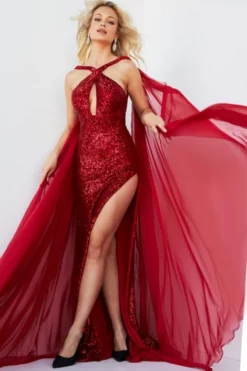 Jovani 09014 Sequin Backless Gown With Capes