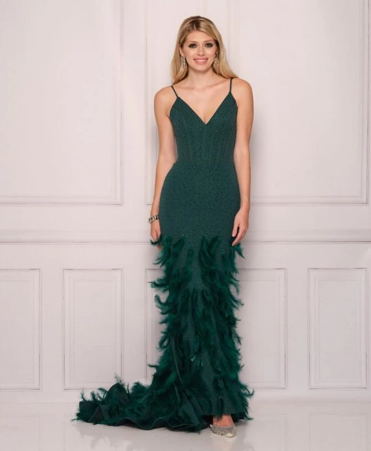 Dave And Johnny 11069 Emerald Gown With Feathers 3 Dave And Johnny 11069 Emerald Gown With Feathers
