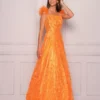 Dave And Johnny 11105 Neon Orange Gown With Feathers -Outlet Prom Dresses Store 11105 Dave and Johnny Prom Dress S23 540x689