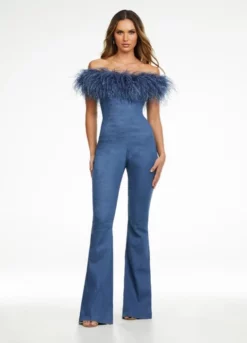 Ashley Lauren 11123 Feather Off Shoulder Denim Jumpsuit