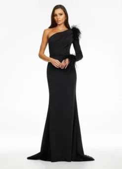 Ashley Lauren 11131 Feather One Long Sleeve Scuba Gown