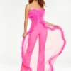 Ashley Lauren 11133 Feather Jumpsuit With Sheer Overskirt