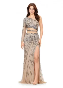 Ashley Lauren 11261 One Sleeve Beaded Cutout Gown