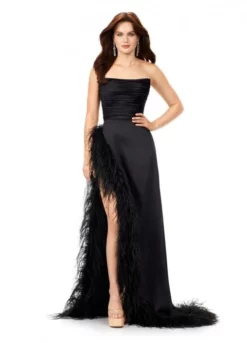 Ashley Lauren 11313 Feather Trim Satin Gown