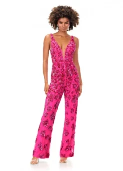 Ashley Lauren 11355 Floral Beaded Jumpsuit