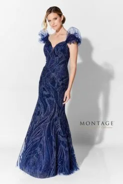 Ivonne D For Mon Cheri Size 12 Navy Blue Ivonne D 122D64 Puff Sleeve Mermaid Mothers Gown