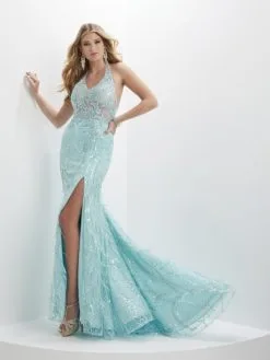 Panoply By House Of Wu Panoply 14144 Sheer Sequin Feather Halter Gown
