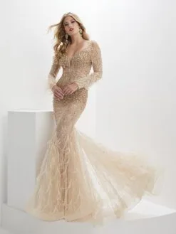 Panoply By House Of Wu Panoply 14153 Sheer Long Sleeve Beaded Feather Gown