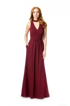 Size 12 Wine Bari Jay 1850 V Neck Choker Bridesmaid Dress