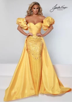 Johnathan Kayne 2502 Shimmer Gown With Puff Sleeves