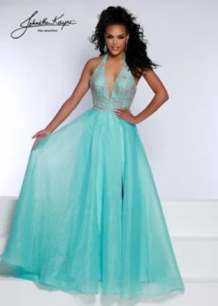 Johnathan Kayne 2676 Deep V Halter Organza Gown