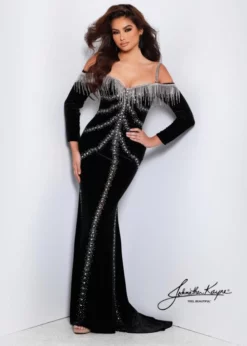 Johnathan Kayne 2708 Off Shoulder Fringe Velvet Gown