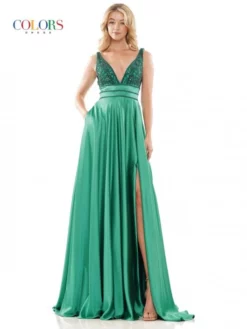 Colors Dress 2887 Stretch Satin Prom Gown With Pockets