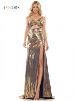 Colors Dress 2987 Liquid Metallic Cut Out Gown