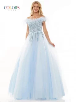 Colors Dress 2992 Feather Off Shoulder Ball Gown