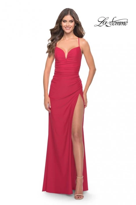 La Femme 31127 Ruched High Slit Prom Dress 3 La Femme 31127 Ruched High Slit Prom Dress
