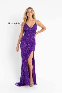 Primavera 3913 High Slit Beaded Prom Dress