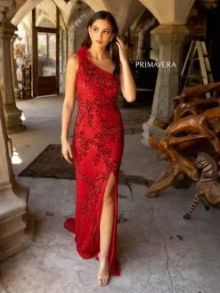 Primavera 3921 One Feather Shoulder Prom Dress