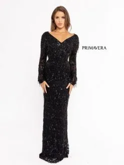Primavera 3954 Fringe Beaded Long Sleeve Gown