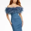 Ashley Lauren 4481 Feather Off Shoulder Short Denim Dress