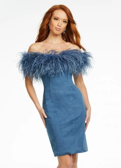 Ashley Lauren 4481 Feather Off Shoulder Short Denim Dress 3 Ashley Lauren 4481 Feather Off Shoulder Short Denim Dress