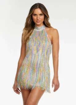 Ashley Lauren 4486 Rainbow Fringe Short Dress