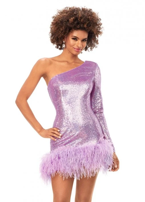 Ashley Lauren 4542 One Sleeve Sequin Feather Short Dress 3 Ashley Lauren 4542 One Sleeve Sequin Feather Short Dress