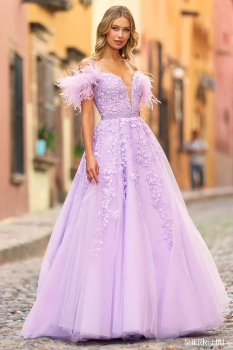 Sherri Hill 55329 Feminine Ball Gown With Feathers 3 Sherri Hill 55329 Feminine Ball Gown With Feathers