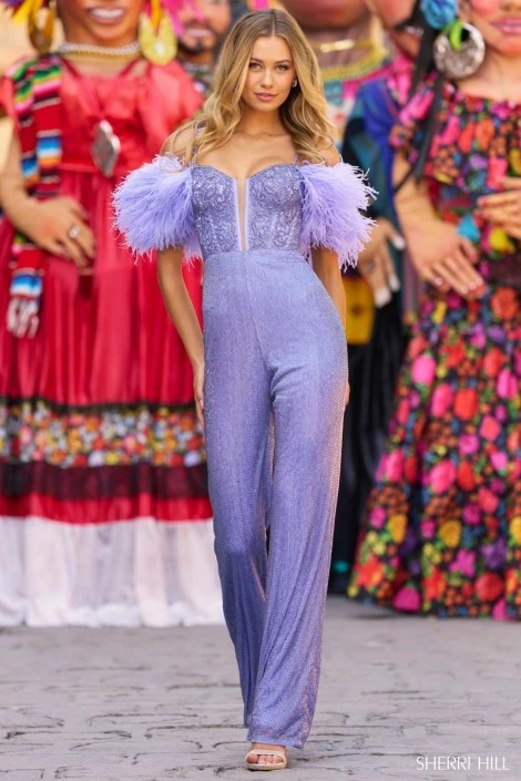 Sherri Hill 55352 Feather Sleeve Jumpsuit 3 Sherri Hill 55352 Feather Sleeve Jumpsuit