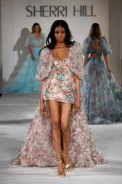 Sherri Hill 55619 High Low Puff Sleeve Floral Gown