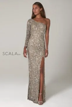Scala 60128 One Long Sleeve Sequin Gown