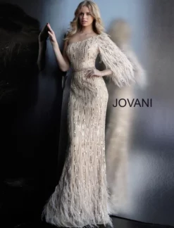 Jovani 63342 One Shoulder Gown With Feathers