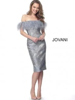 Jovani MOB Jovani 66239 Feather Neck Knee Length Evening Dress