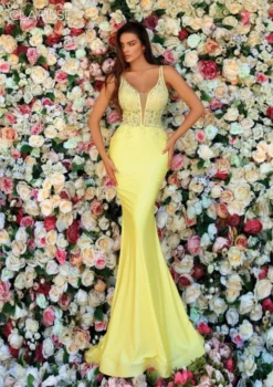 Clarisse 810140 Yellow Lace Top Prom Dress