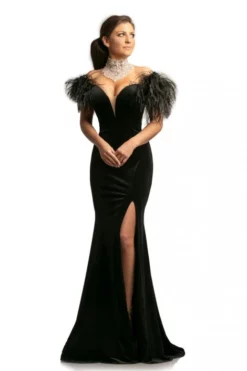 Johnathan Kayne 9249 Velvet Gown With Separate Feather Cape