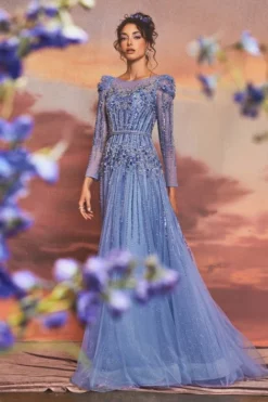 Andrea & Leo Andrea And Leo A1167 Azurite Beaded Long Sleeve Gown