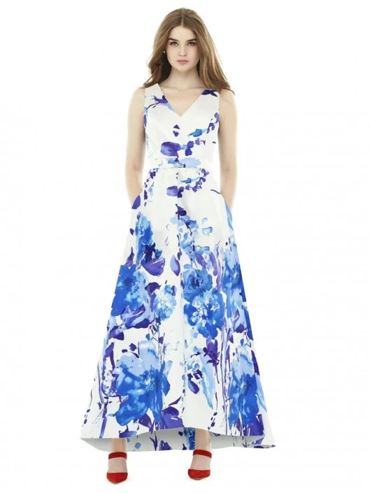 Alfred Sung D723FP V Neck Allover Floral Hi-Low Bridesmaid Gown 3 Alfred Sung D723FP V Neck Allover Floral Hi-Low Bridesmaid Gown