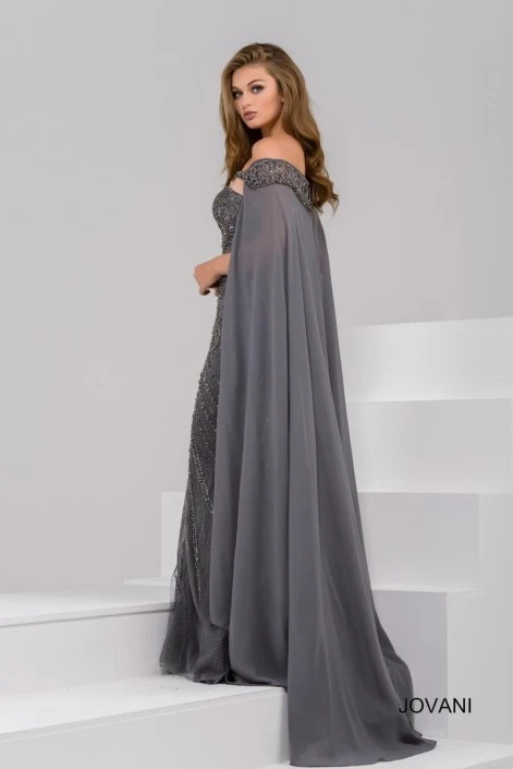 Jovani 45566 Beaded Gown With Off Shoulder Long Cape 4 Jovani 45566 Beaded Gown With Off Shoulder Long Cape - Image 2