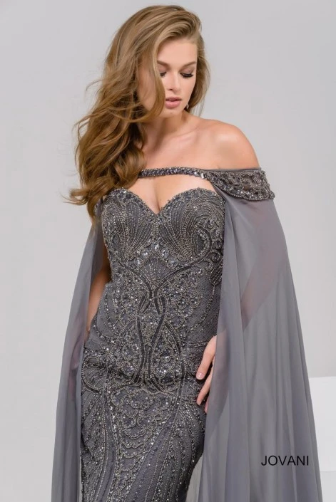 Jovani 45566 Beaded Gown With Off Shoulder Long Cape 5 Jovani 45566 Beaded Gown With Off Shoulder Long Cape - Image 3