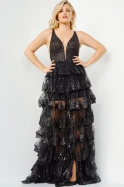 JVN By Jovani JVN22904 Sheer Tiered Ruffle Prom Dress