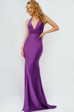 JVN By Jovani JVN23202 Ruched Waist Halter Gown