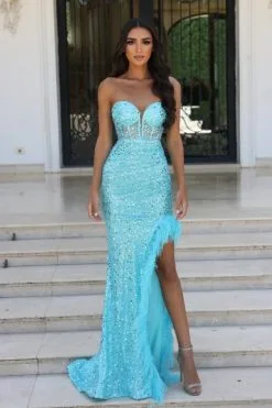 Portia & Scarlett Portia And Scarlett PS23029 Feather Slit Sequin Prom Dress