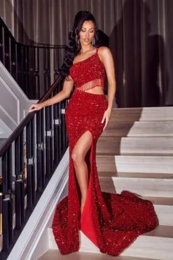 Portia & Scarlett Portia And Scarlett PS23285 One Shoulder Fringe Cutout Gown