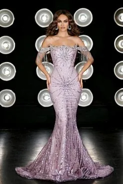 Portia & Scarlett Portia And Scarlett PS23412 Fringe Off Shoulder Gown