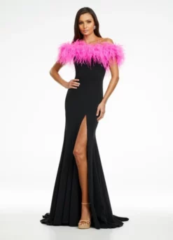 Ashley Lauren 11099 Feather Off Shoulder Scuba Gown -Outlet Prom Dresses Store S22 ASH 11099 03 508x705